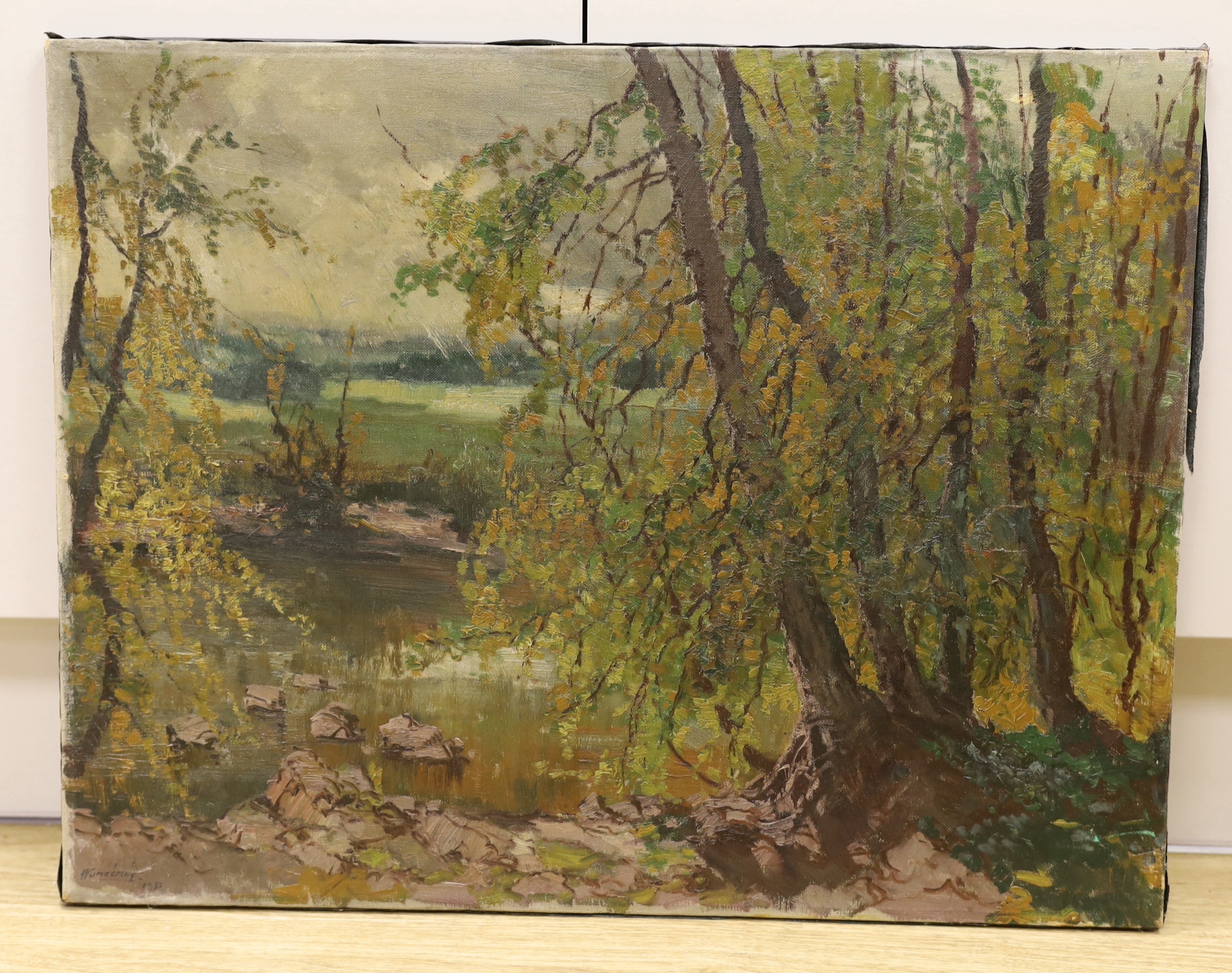 Josef Konecný (Czech, 1907-1989), oil on canvas, Trees on a river bank, indistinctly signed and dated 1937, 49 x 63cm, unframed